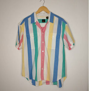 Vintage 90’s Button Down Striped Pink White Yellow Green Medium Liz Sport